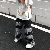 Threebooy Tassel Jeans Men's Patchwork Wide Leg Lazy Style Hip Hop Loose Denim Pants Men Baggy Ripped Distressed Stacked Jeans Y2K Grunge